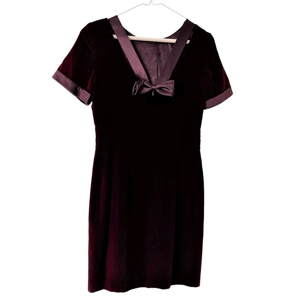 Adrianna Papell Short-Sleeve Cranberry Velvet Sheath Dress w/Satin Trim, Size 4
